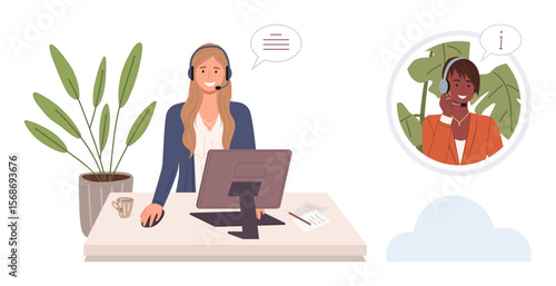 Customer service personnel at desk with headset interacting virtually with another assistant in a chat bubble. Ideal for customer support, teamwork, virtual communication, assistance, consulting