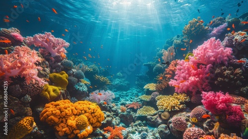 Wallpaper Mural Vibrant coral reef scene. Sunbeams penetrate clear blue water, teeming with small fish and colorful coral Torontodigital.ca