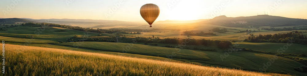 Obraz premium Hot Air Balloon over Rural Landscape at Sunrise