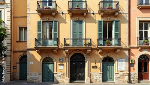 Facade of a multi-story building with arched doorways and teal shutters.