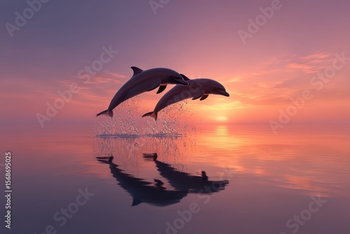 Majestic dolphins leaping at sunset over calm ocean waters, reflecting serene and beautiful natural scene