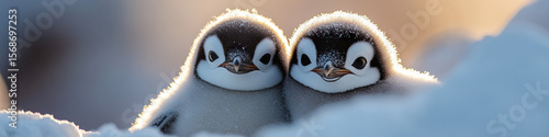 Two Chinstrap Penguin Chicks in Snow