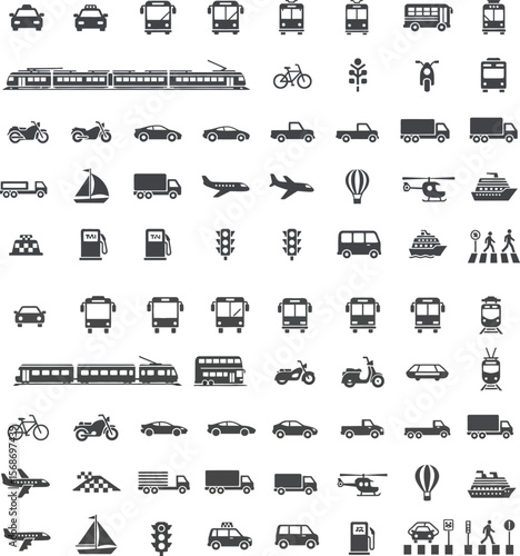 Collection of various transportation icons in a grid pattern.