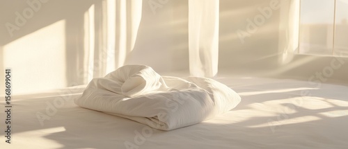 A serene and minimalist scene featuring a neatly folded white duvet on a pristine white bed, evoking a sense of calm and cleanliness.