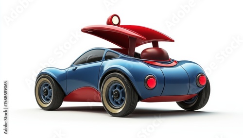 Rear view of a blue and red cartoon-style sports car with an open hatchback.