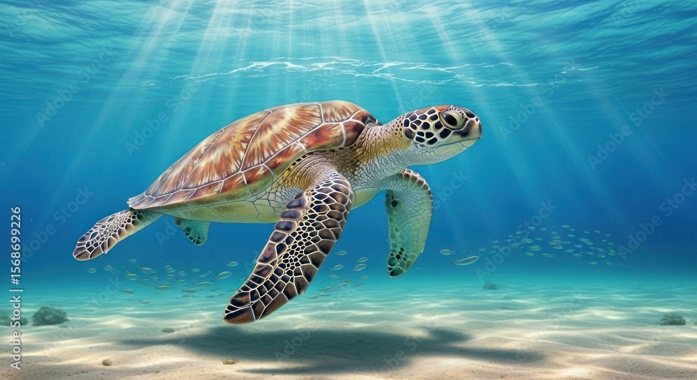 Fototapeta premium Sea turtle swimming through clear blue ocean waters in sunlight
