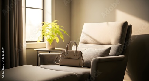 Cozy interior scene featuring an armchair a footstool and a handbag bathed in warm natural light illuminating a fern plant in a vase near a window.