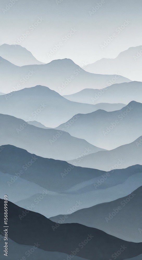 Fototapeta premium Watercolor mountain landscape vertical background with misty layers for serene wall art or web design