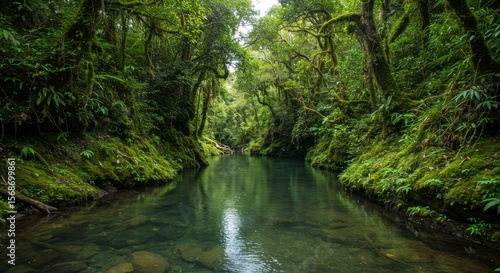 Lush green ravine, tranquil waterway