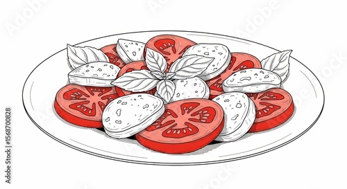 Colorful hand-drawn tomato and mozzarella salad on plate illustration