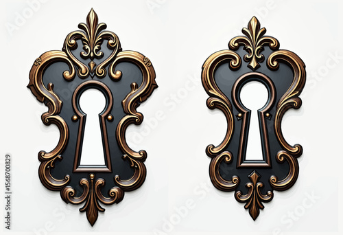 A pair of ornate vintage keyhole escutcheons with elegant bronze and black detailing, perfect for fantasy themes, antique hardware, or security concepts.
