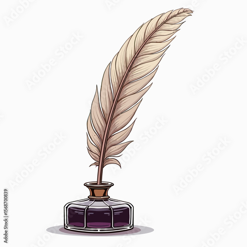 A classic white feather quill pen resting in a glass inkwell of dark ink, symbolizing literature, historical writing, calligraphy, and poetic expression.
