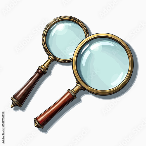 A pair of classic magnifying glasses with brass frames and wooden handles, a detailed illustration for concepts of research, scrutiny, and problem-solving.
