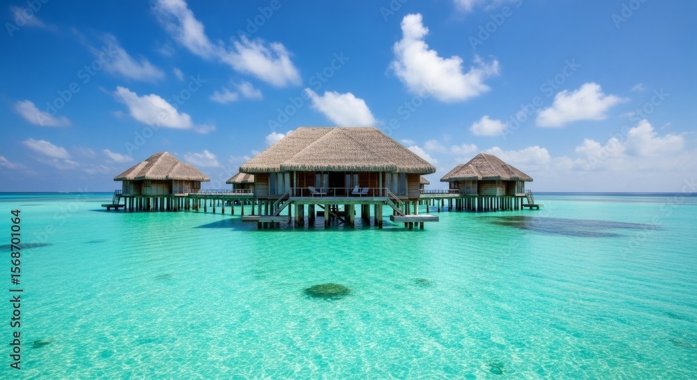 Overwater bungalows with thatched roofs in turquoise water under a blue sky with scattered clouds Overwater bungalows with thatched roofs in turquoise water under a blue sky with scattered clouds