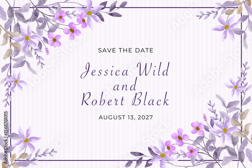 save the date with purple floral watercolor frame