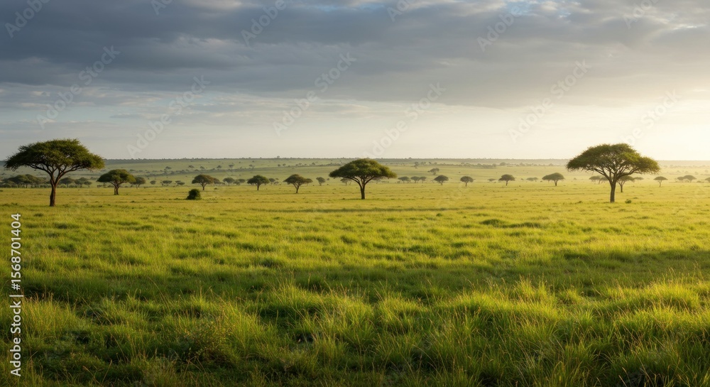 Obraz premium Vast savanna landscape, soft light. Tranquil scene of tall grass and trees