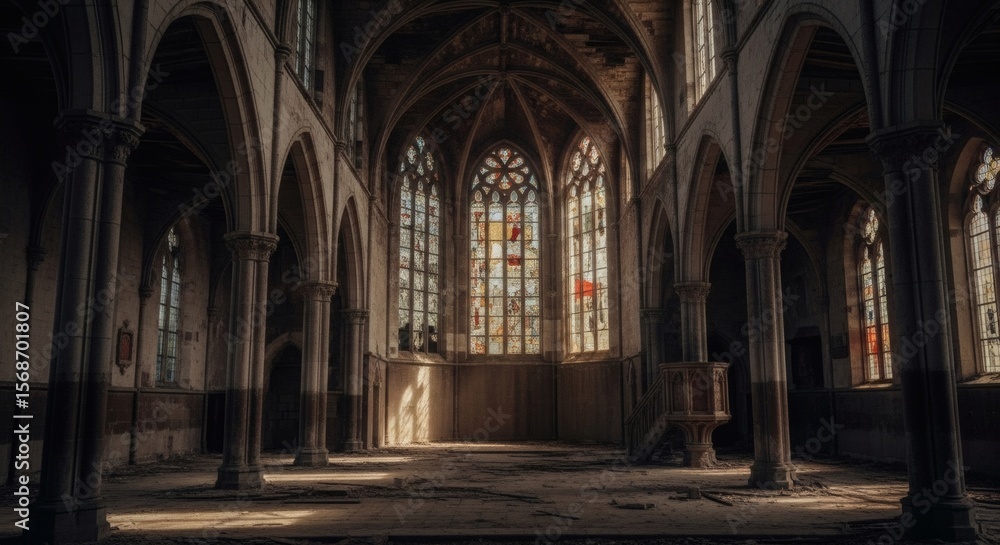 Interior view of a gothic church with stained glass windows and tall pillars in a state of disrepair Interior view of a gothic church with stained glass windows and tall pillars in a state of disrepair