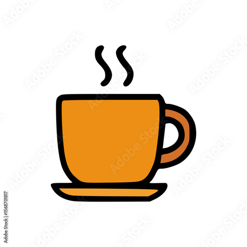 Minimalist steaming mug icon with bold black outline, orange cup and saucer, isolated hot beverage vector image