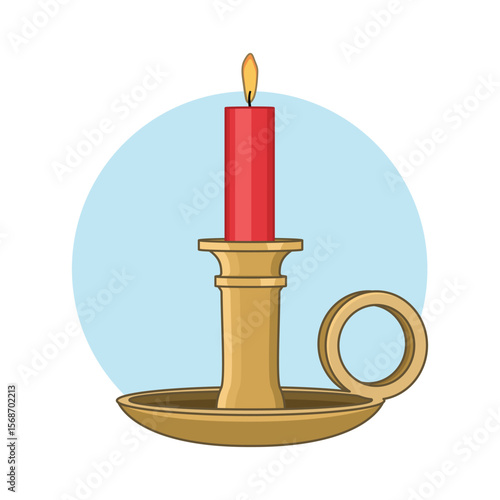 Red candle with antique gold candle holder. Vector design