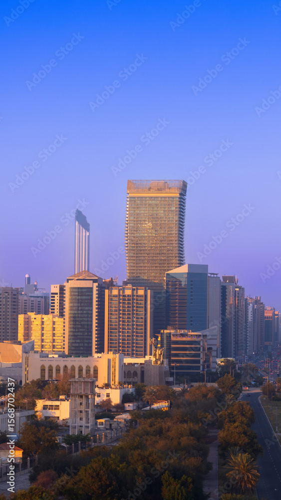 Fototapeta premium UAE, United Arab Emirates, Abu Dhabi downtown panorama and financial center skyline.