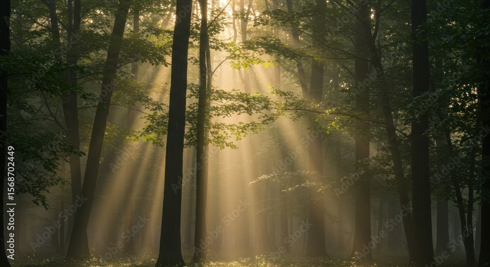Fototapeta premium Sunlight streams through a misty forest