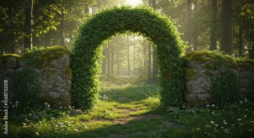Lush, verdant archway of interwoven greenery leads into a sunlit forest path