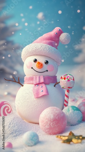 Festive snowman adorned with pastel colors and candies.