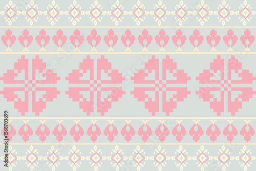 Seamless pattern design. Detailed vector illustration for textile design. Cross stitch pattern. Geometric pattern. Tribal pattern. Pixel art design.