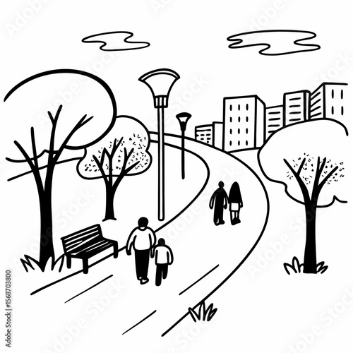 People walking on a park path with trees and buildings vector