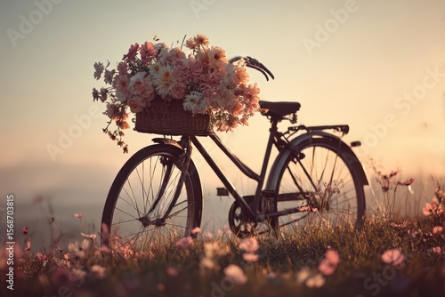 Vintage bicycle with flower basket in a sunlit meadow during golden hour, creating a serene nostalgic ambiance perfect for lifestyle and nature-themed designs