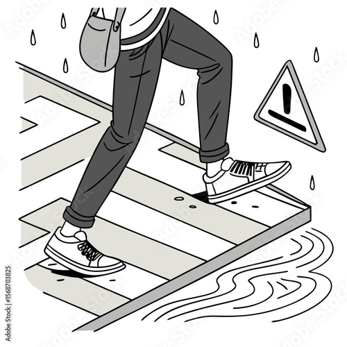 Person walking carefully across wet street with warning sign crossing