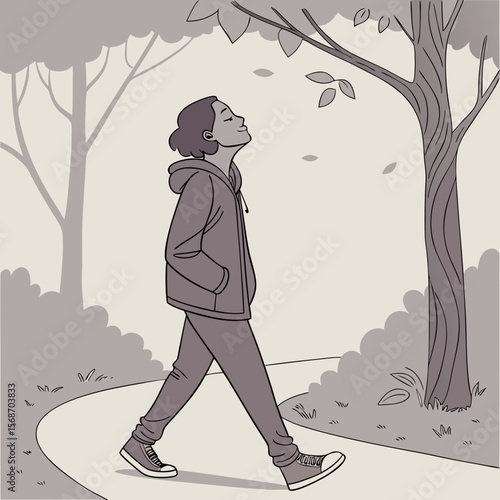 Person walking in park with eyes closed serene
