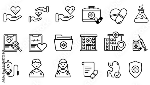 Collection of healthcare-themed icons including medical tools, healthcare workers, and pharmaceutical items depicted in clean black line illustrations.