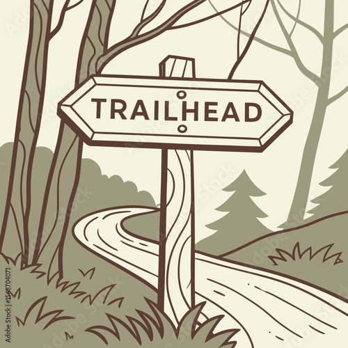 Forest path sign pointing toward trailhead sign walking path
