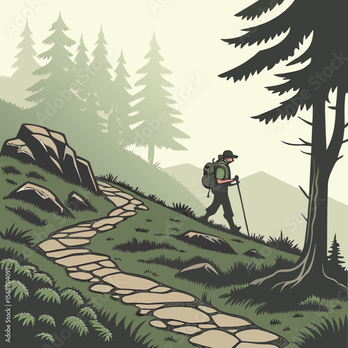 Hiker with backpack and poles on stone path through misty forest trekking poles mountain trail