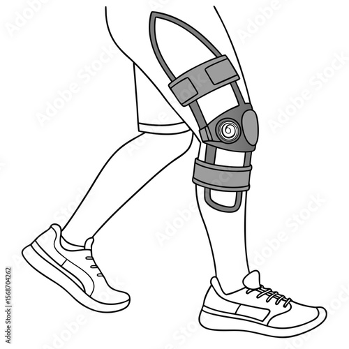 Person walking with knee brace and athletic shoes medical support rehabilitation