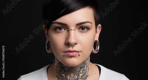 Portrait of a woman with multiple facial piercings, stretched earlobes, and a neck tattoo on black
