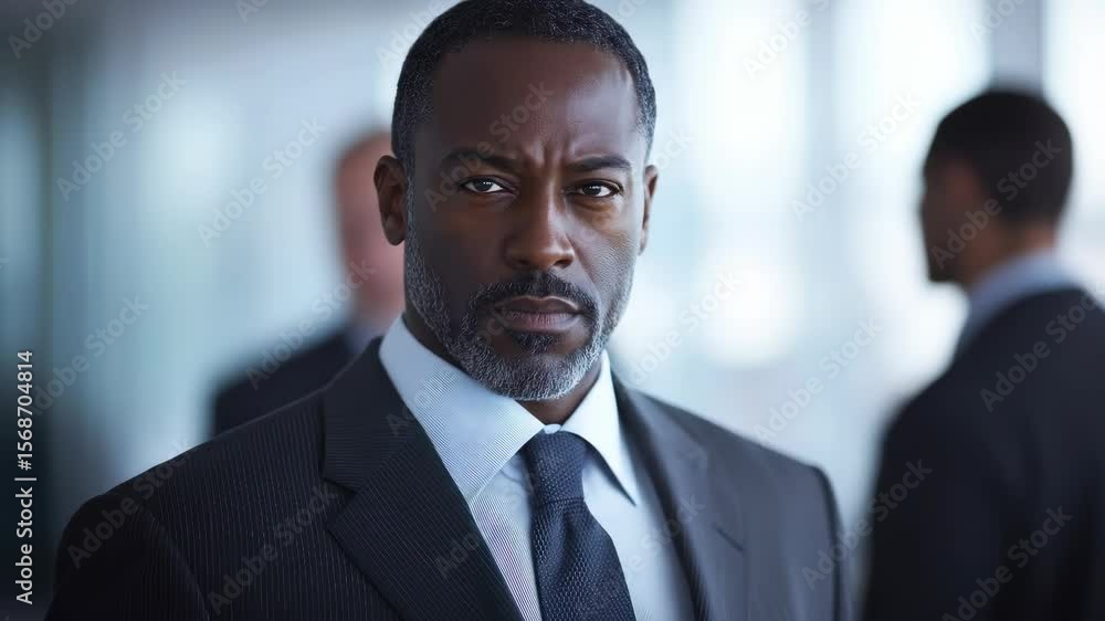Executive looks at the camera in office, coworkers talking Executive looks at the camera in office, coworkers talking
