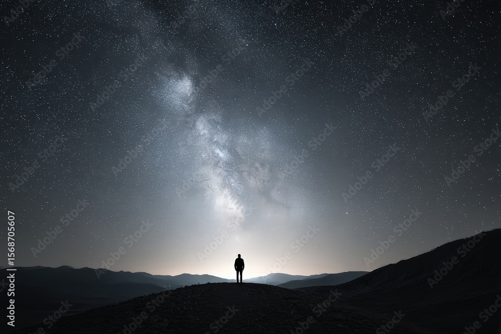 Fototapeta premium Person Standing on Hill Under Starry Night Sky with Milky Way Galaxy and Distant Mountains in Serene Landscape