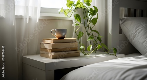 Bedroom scene featuring natural light illuminating a bedside table stacked with books a cup of coffee and a potted plant creating a tranquil atmosphere.