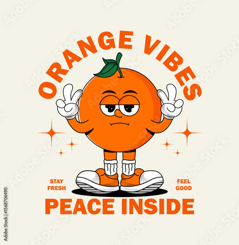 Cartoon groovy orange character with a peace sign in a retro design illustration. Perfect for t shirt design, poster, apparel, streetwear, sticker, and more