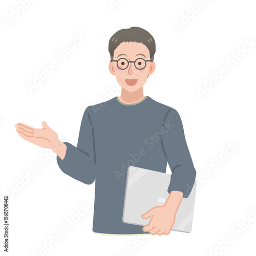 ノートパソコンを持つカジュアルな服装の男性