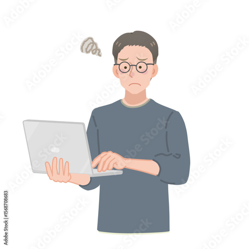 ノートパソコンを持つカジュアルな服装の男性が悩んでいるイラスト