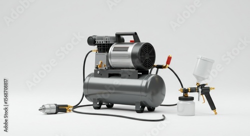 Gray air compressor with spray gun and paint can, isolated on white background