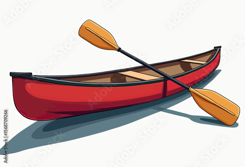 Classic red canoe with a single resting paddle, a colorful vector illustration for projects about outdoor adventure, serene lake trips, and summer camp fun.
