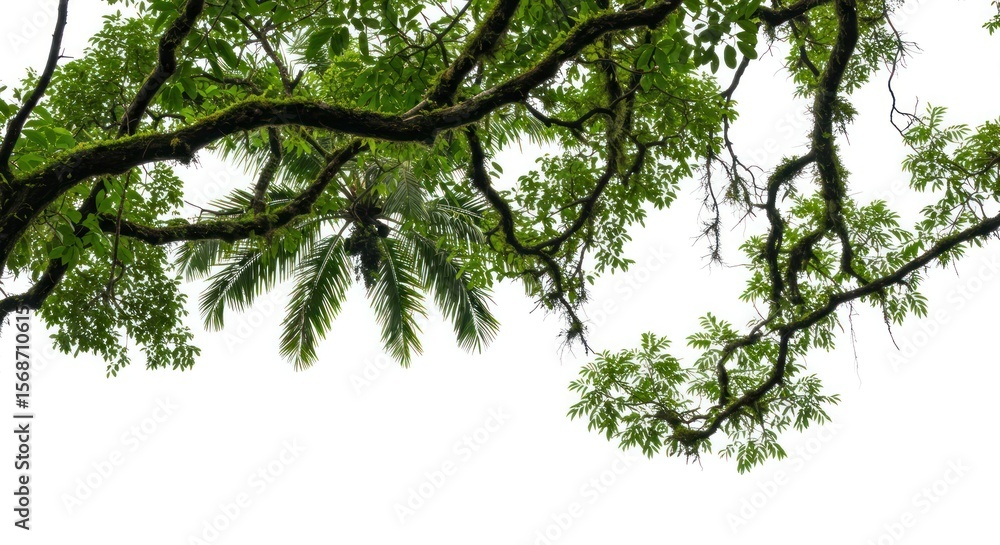 Fototapeta premium Lush green branches and leaves of tropical trees against a white background