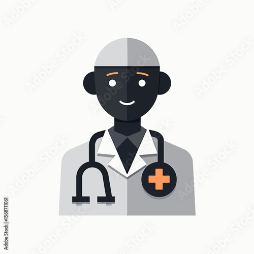 Flat design vector icon of a smiling Black surgeon or doctor in a scrub cap and lab coat with a stethoscope, representing medical staff and hospital care.
