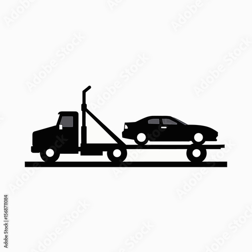 A minimalist black silhouette icon of a flatbed tow truck carrying a car, a simple and modern vector symbol for vehicle transport and roadside assistance services.
