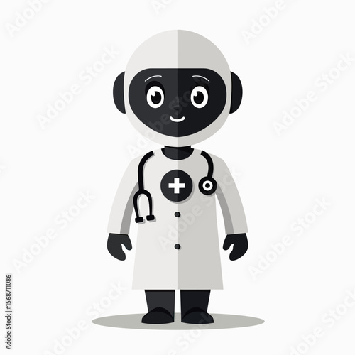 A cute and friendly robot doctor character wearing a lab coat and stethoscope, a simple flat design illustration for pediatric or AI healthcare technology concepts.
