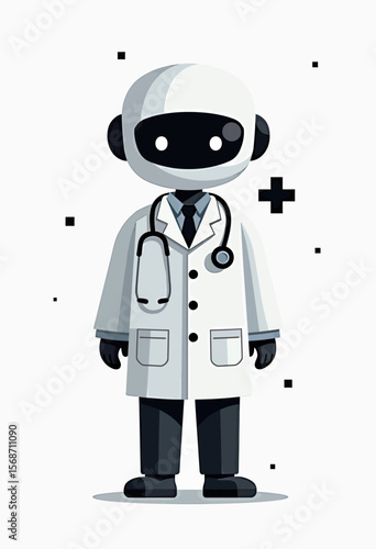 A friendly robot doctor character in a lab coat with a stethoscope, a futuristic cartoon illustration symbolizing AI in healthcare and medical technology innovation.
